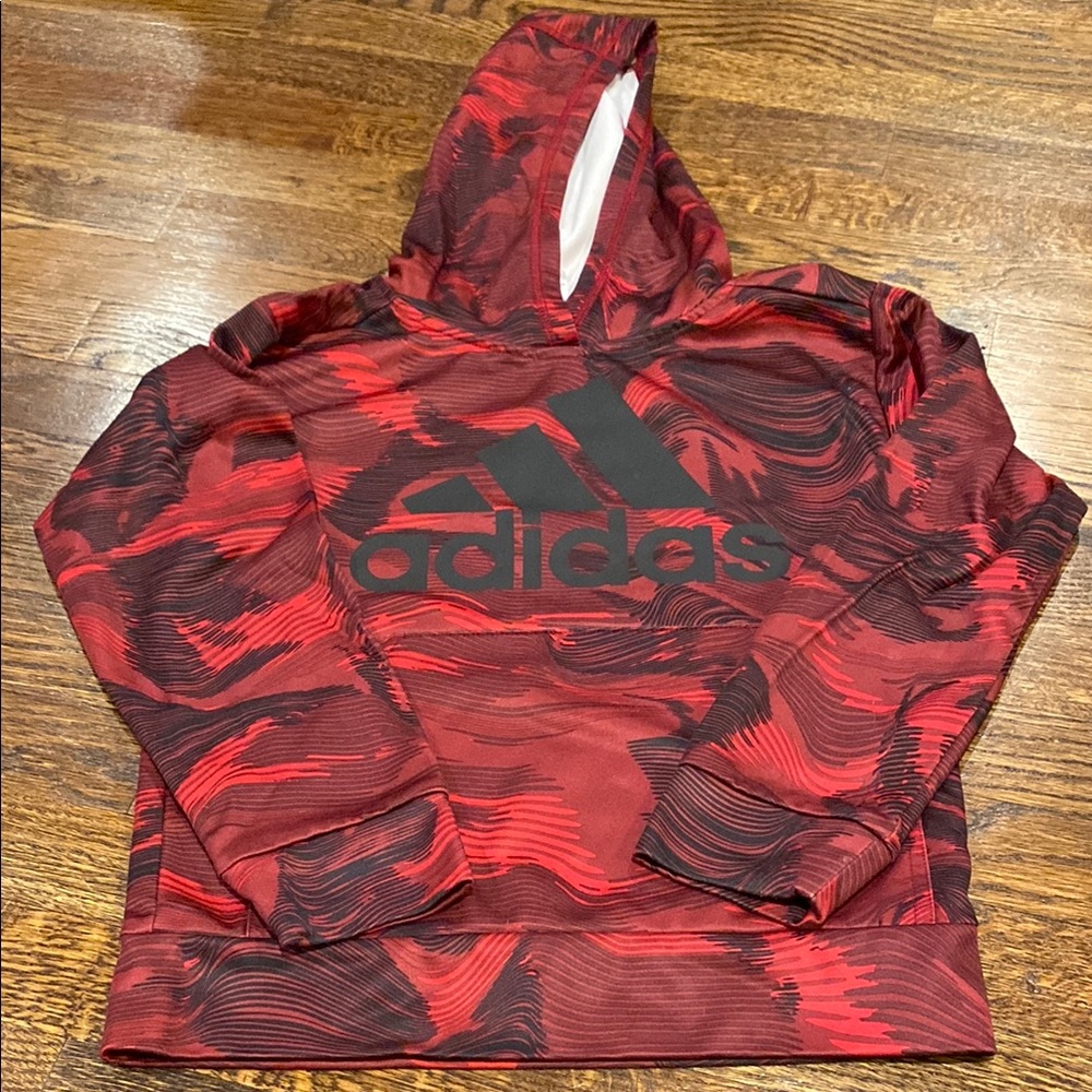 Adidas Red and Black Hooded Sweatshirt Boys Size Small